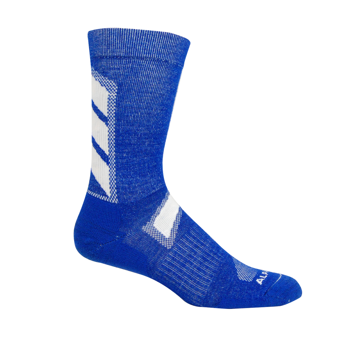 Blue athletic sock with white stripes