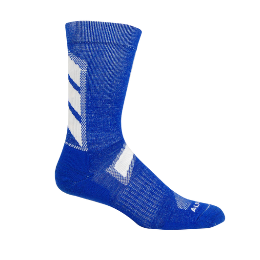 Blue athletic sock with white stripes 