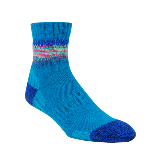 Blue sock with multicolored stripes
