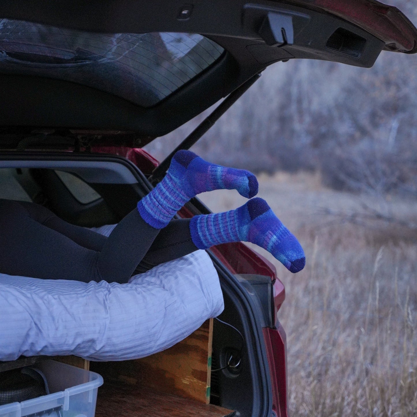 Car trunk with blue socks on a natural background
