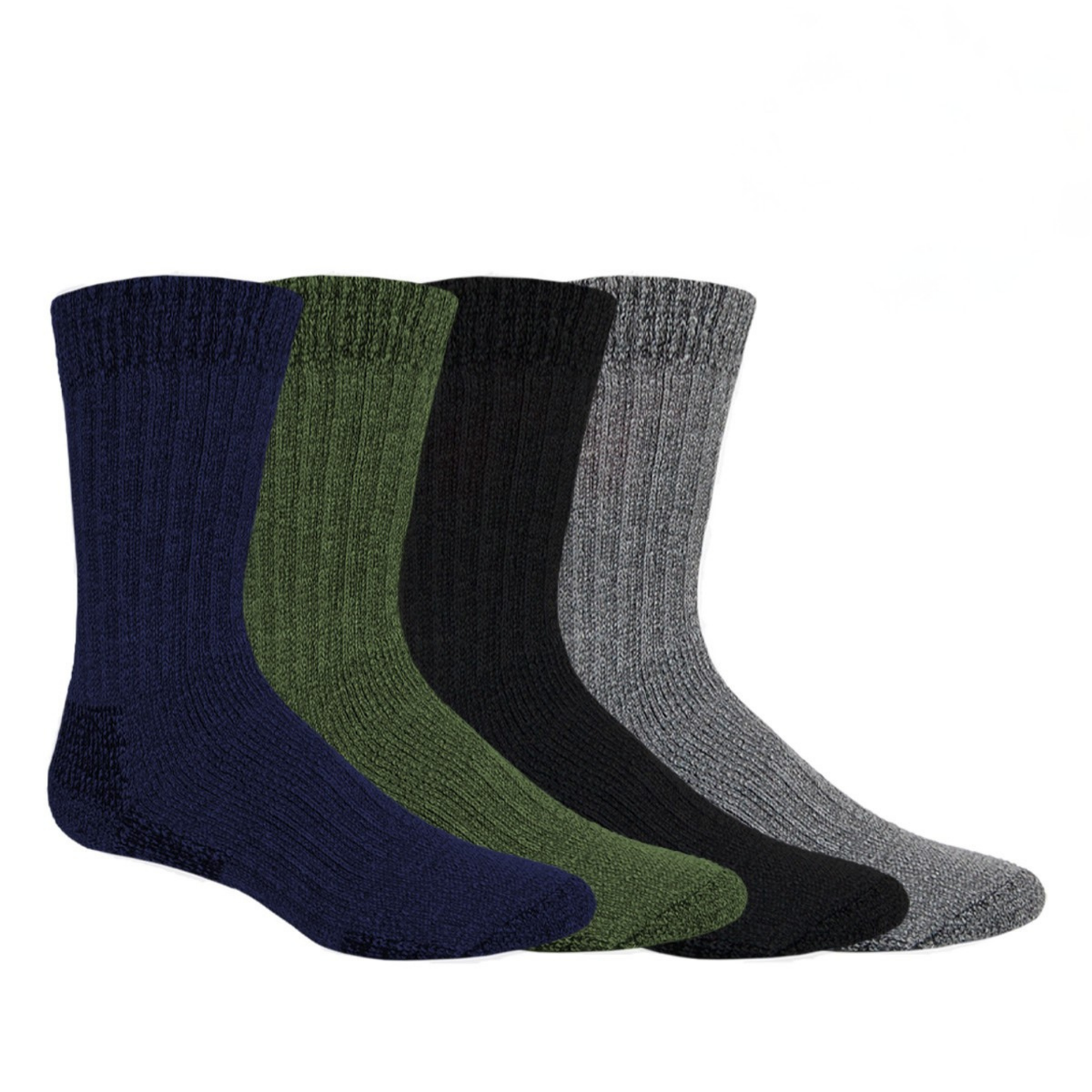 Four pairs of socks in navy, green, black, and gray on a white background